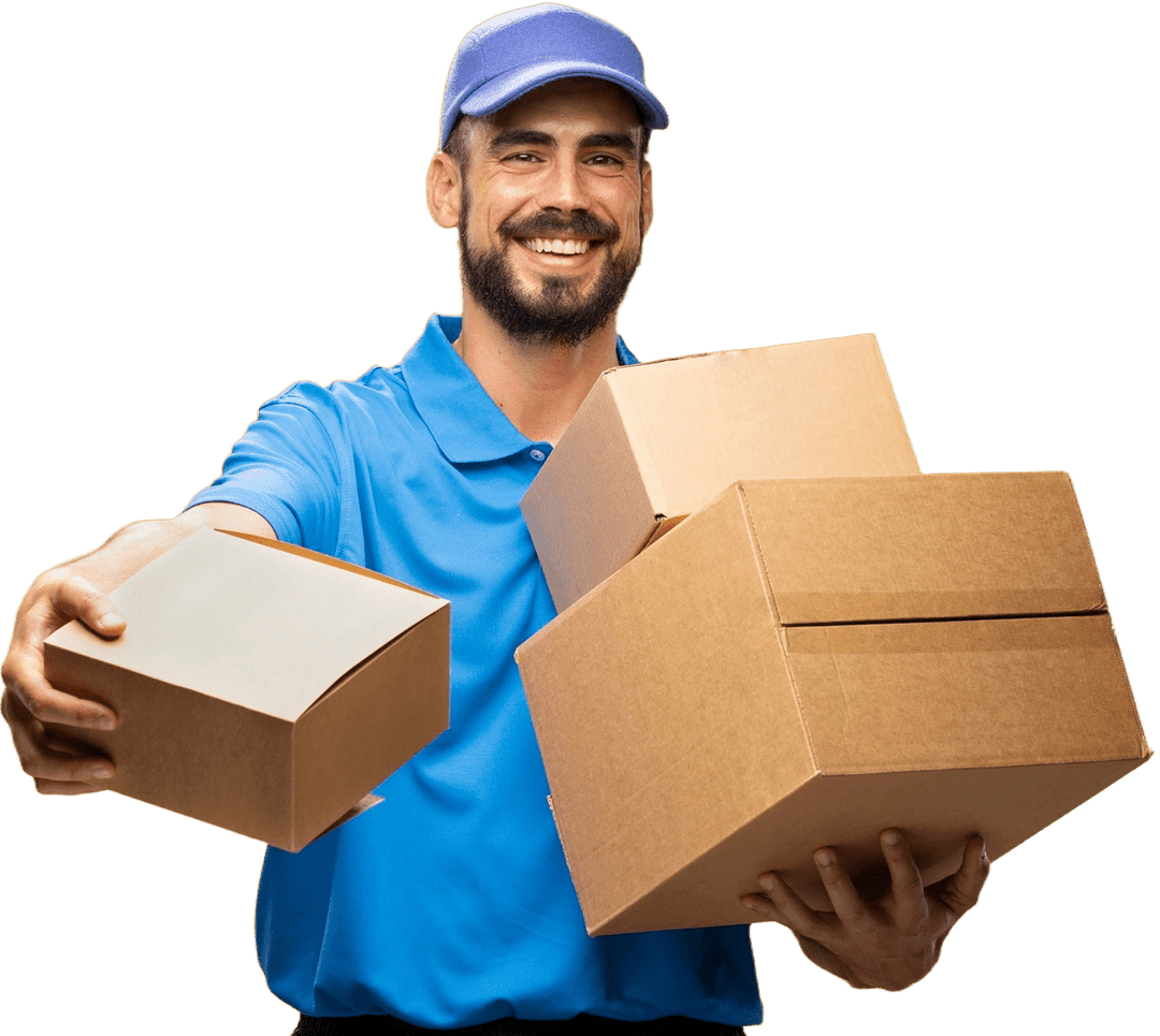 Smiling delivery driver holding multiple food delivery boxes