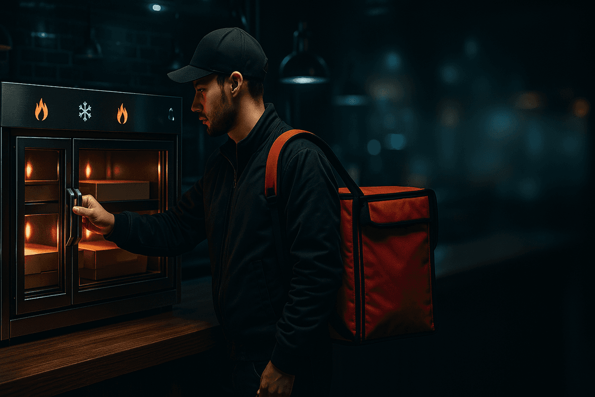 Delivery driver accessing a temperature-controlled Pickup Pal storage unit